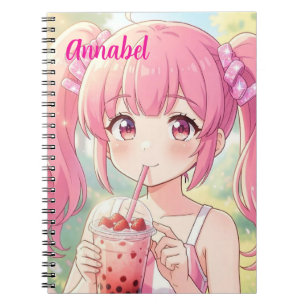 Anime Girl in Pink Drinking Bubble Tea Personalise Notebook