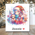 Anime Girl in Santa Hat Watercolor Christmas<br><div class="desc">Watercolor anime girl in Santa hat with puppy dog Christmas stickers.</div>