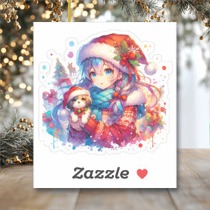 Anime Girl in Santa Hat Watercolor Christmas