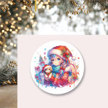 Anime Girl in Santa Hat Watercolor Christmas Classic Round Sticker<br><div class="desc">Watercolor anime girl in Santa hat with puppy dog Christmas stickers.</div>