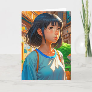 Anime Girl in the City   Birthday Colouring Page Card