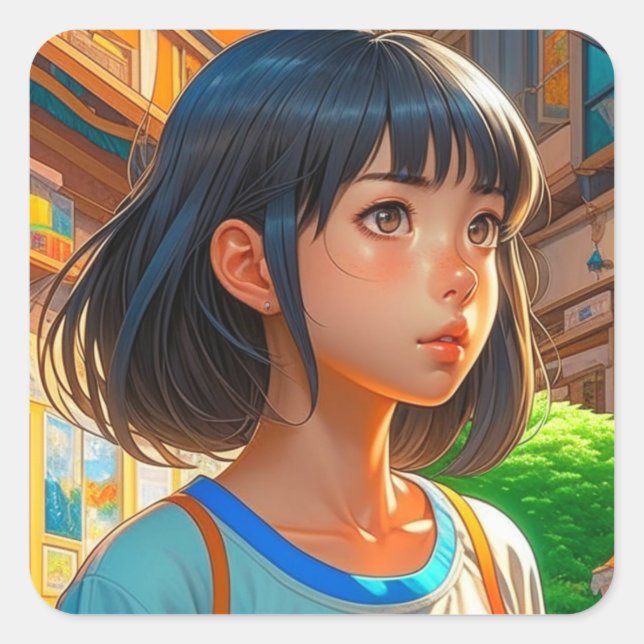 Anime Girl in the City Colourful Artsy Square Sticker (Front)