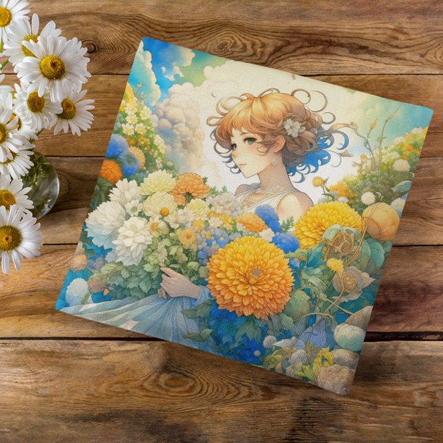 Anime Girl in Yellow and Blue Flowers Cushion (Creator Uploaded)