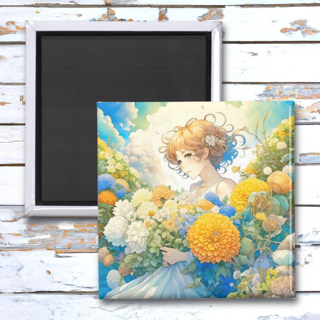 Anime Girl in Yellow and Blue Flowers Magnet (Creator Uploaded)