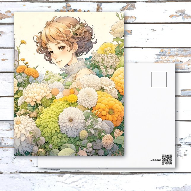 Anime Girl in Yellow Flowers Personalised Birthday Postcard (Creator Uploaded)