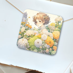 Anime Girl in Yellow Flowers Square Sticker
