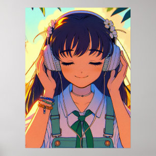 Anime Girl Listening to Music Poster