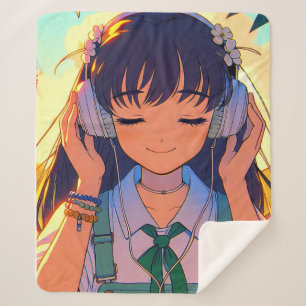 Anime Girl Listening to Music Sherpa Blanket