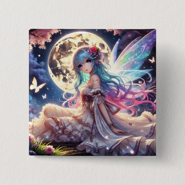 Anime Girl Moon Fairy Princess in Garden 15 Cm Square Badge (Front)