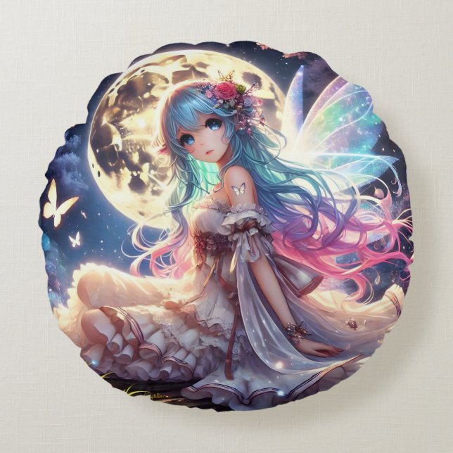 Anime Girl Moon Fairy Princess in Garden Round Cushion (Front)
