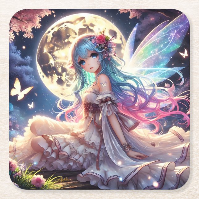 Anime Girl Moon Fairy Princess in Garden Square Paper Coaster (Front)