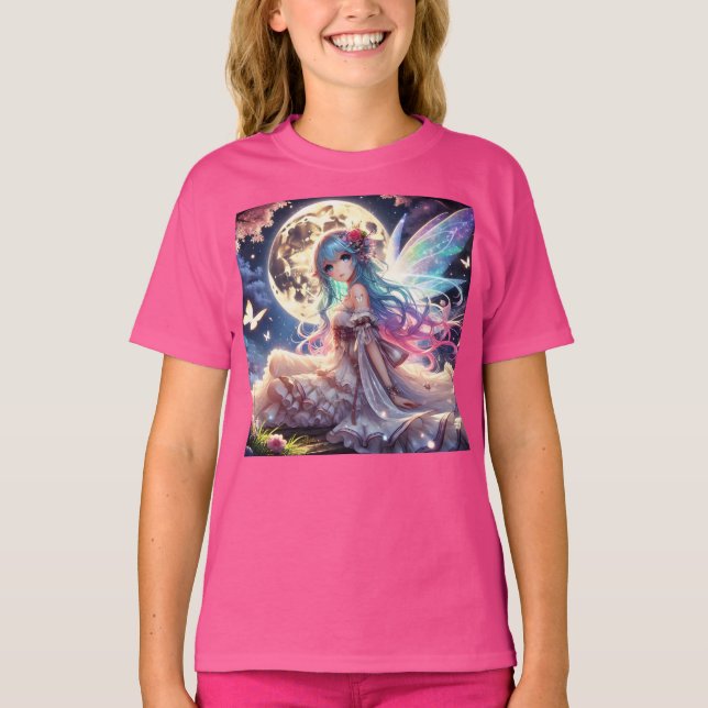 Anime Girl Moon Fairy Princess in Garden T-Shirt (Front)