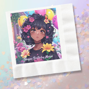 Anime Girl of Colour Personalised Birthday Napkin
