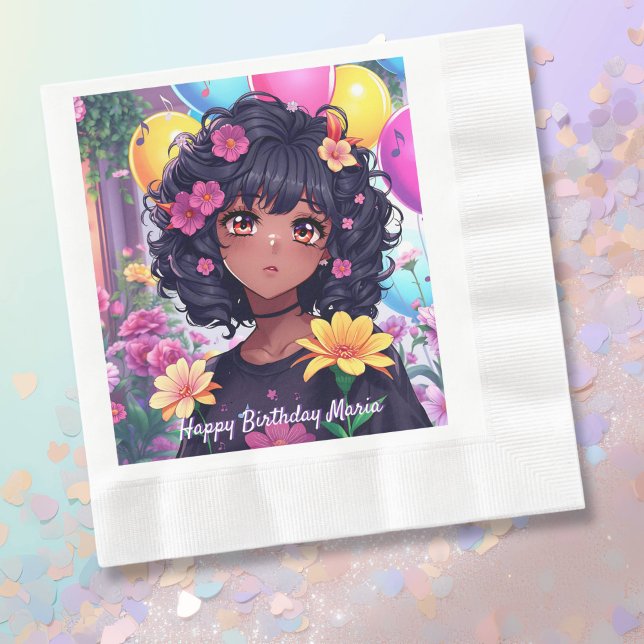 Anime Girl of Colour Personalised Birthday Napkin (Creator Uploaded)