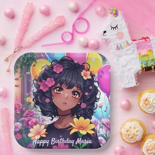 Anime Girl of Colour Personalised Birthday Paper Plate (Party)