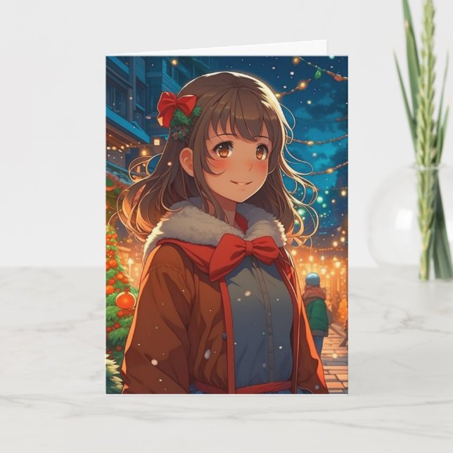 Anime Girl on Christmas Night Card (Front)