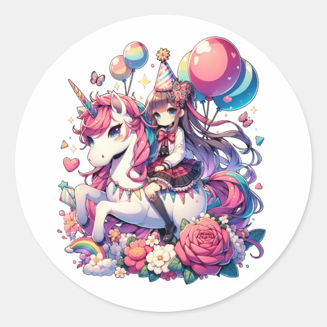 Anime Girl on Unicorn Birthday  Classic Round Sticker (Front)