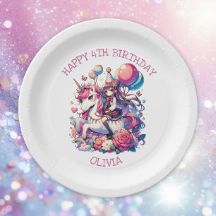 Anime Girl on Unicorn Birthday Personalised Paper Plate