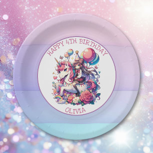 Anime Girl on Unicorn Birthday Personalised Paper Plate