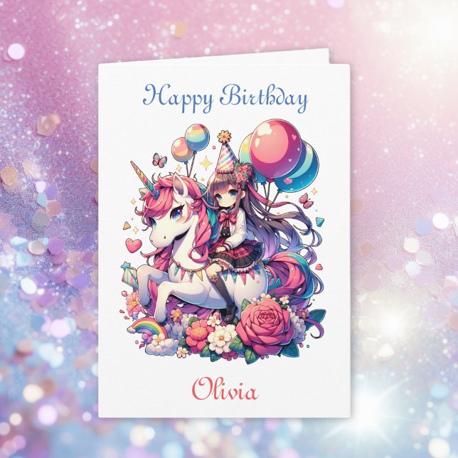 Anime Girl on Unicorn Plus Colouring Page Birthday Card (Creator Uploaded)