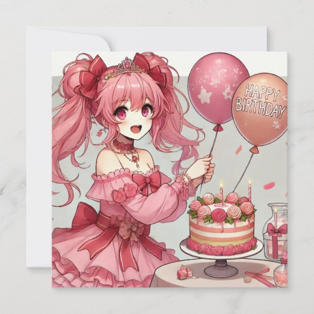 Anime girl Pink birthday  Invitation (Front)