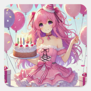 Anime girl pink birthday square sticker
