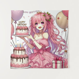 Anime girl Pink birthday Tapestry