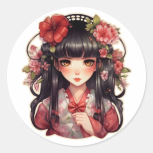 Anime girl pink flowers classic round sticker