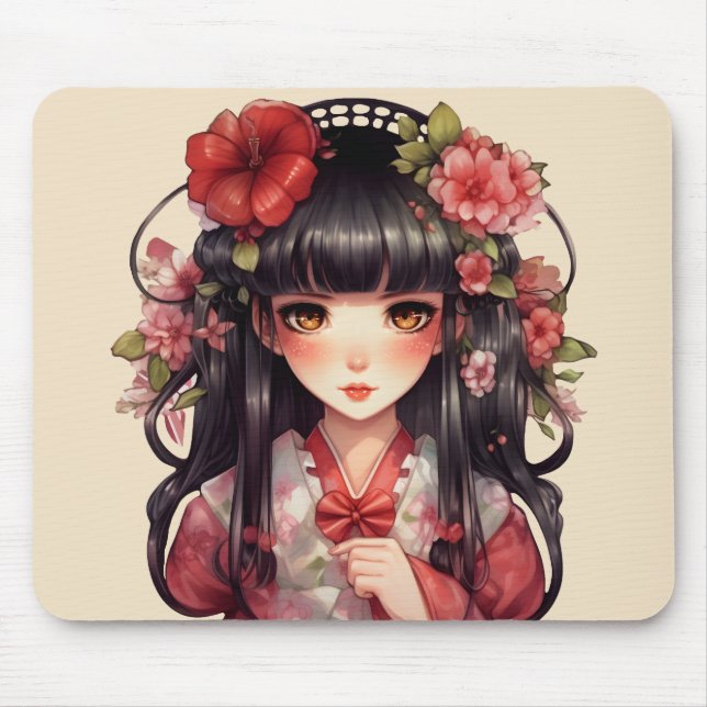 Anime girl pink flowers mouse pad (Front)