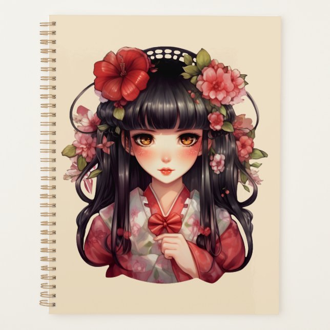 Anime girl pink flowers planner (Front)