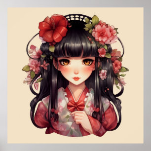 Anime girl pink flowers poster