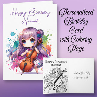Anime Girl Playing Cello Personalised Birthday Card