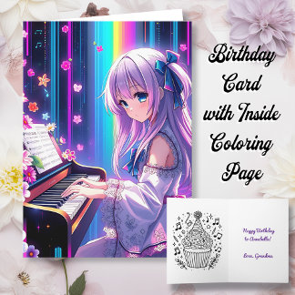 Anime Girl Playing Piano Personalised Birthday Card
