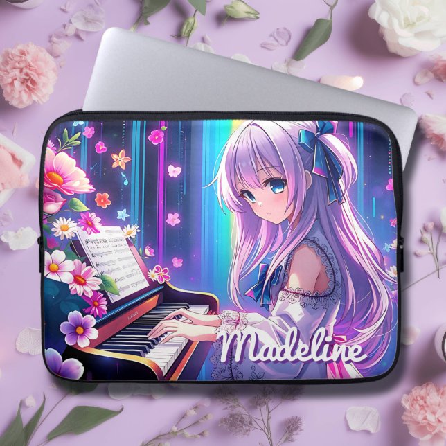 Anime Girl Playing Piano Personalised Laptop Sleeve (Creator Uploaded)