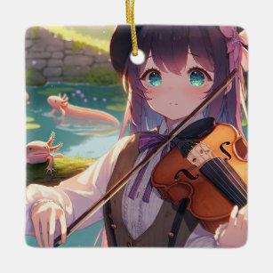 Anime Girl Playing the Violin and Axolotls Ceramic Ornament