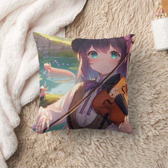 Anime Girl Playing the Violin and Axolotls Cushion (Blanket)