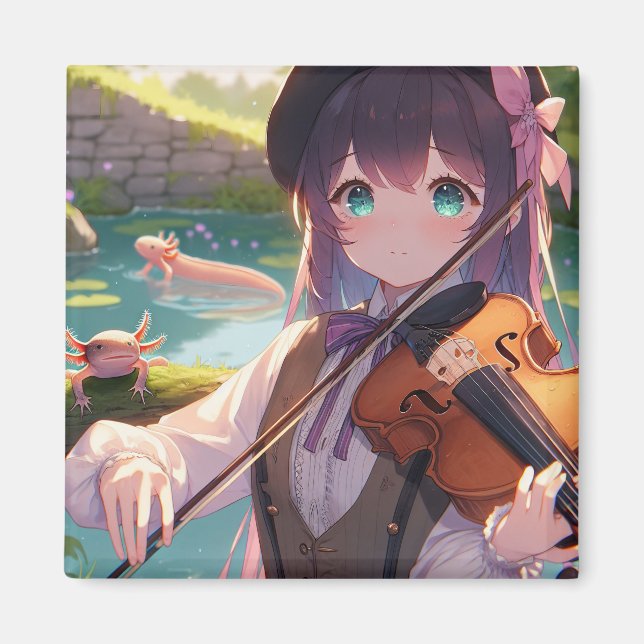Anime Girl Playing the Violin and Axolotls Magnet (Front)