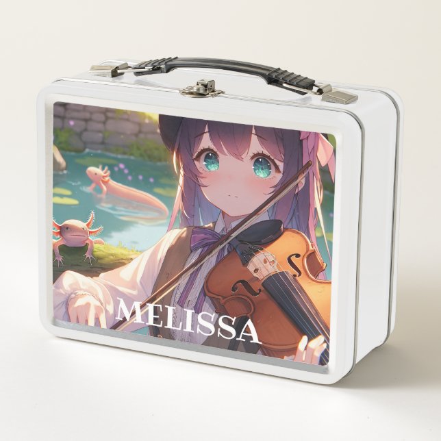 Anime Girl Playing the Violin and Axolotls Metal Lunch Box (Front)