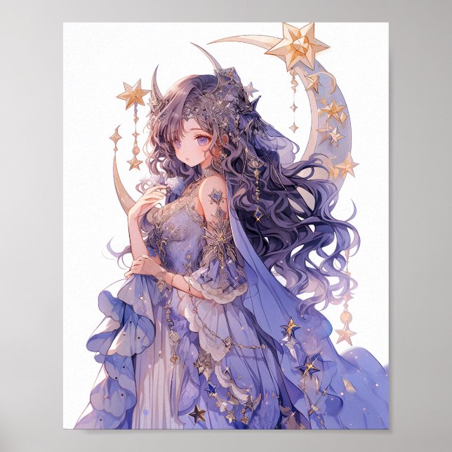 Anime Girl Purple Moon Princess Fantasy Art Poster (Front)