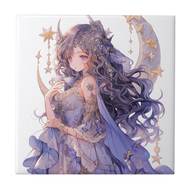 Anime Girl Purple Moon Princess Fantasy Art Tile (Front)