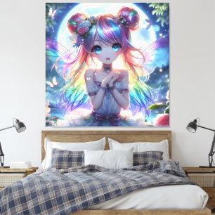 Anime Girl Rainbow Hair Singing Moon Fairy Canvas Print
