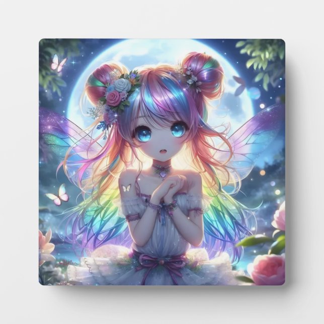 Anime Girl Rainbow Hair Singing Moon Fairy Plaque (Front)