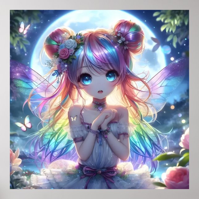 Anime Girl Rainbow Hair Singing Moon Fairy Poster (Front)