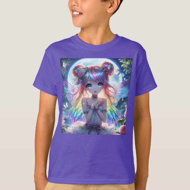 Anime Girl Rainbow Hair Singing Moon Fairy T-Shirt (Front)