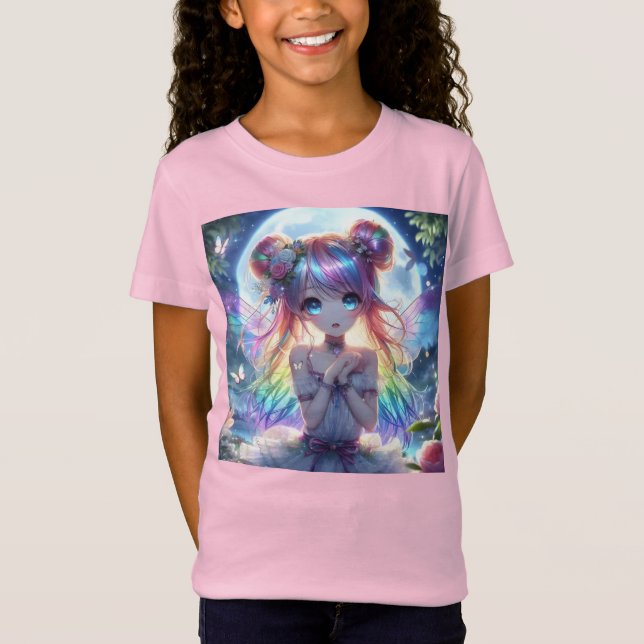Anime Girl Rainbow Hair Singing Moon Fairy T-Shirt (Front)