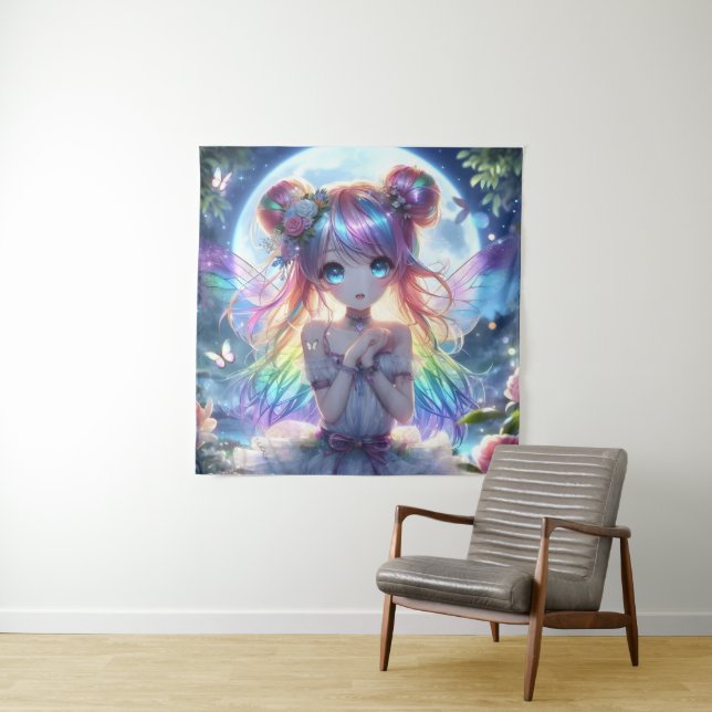 Anime Girl Rainbow Hair Singing Moon Fairy Tapestry (In Situ)