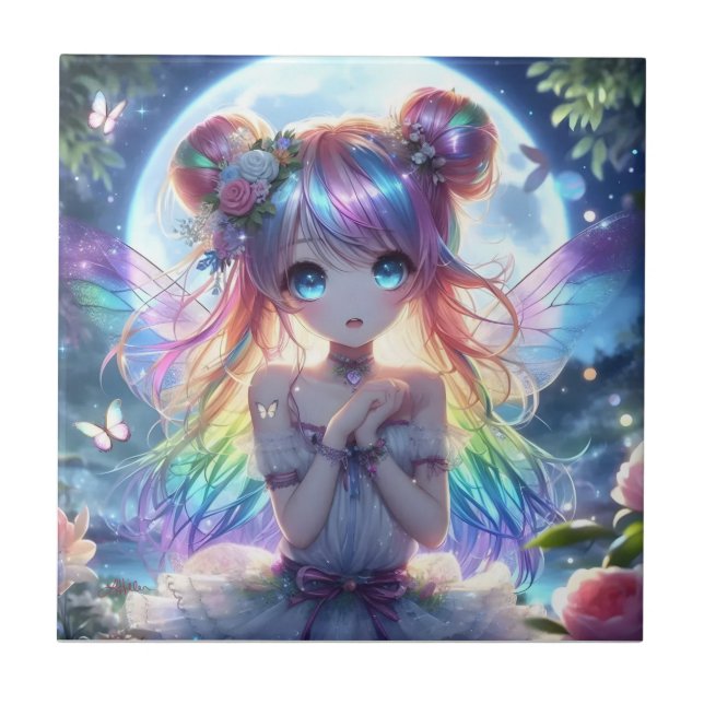 Anime Girl Rainbow Hair Singing Moon Fairy Tile (Front)