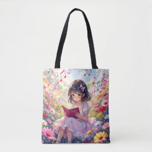 Anime Girl Reading in Flowers and Musical Notes Tote Bag