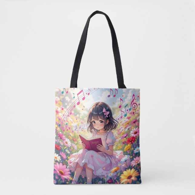 Anime Girl Reading  in Flowers and Musical Notes Tote Bag (Front)