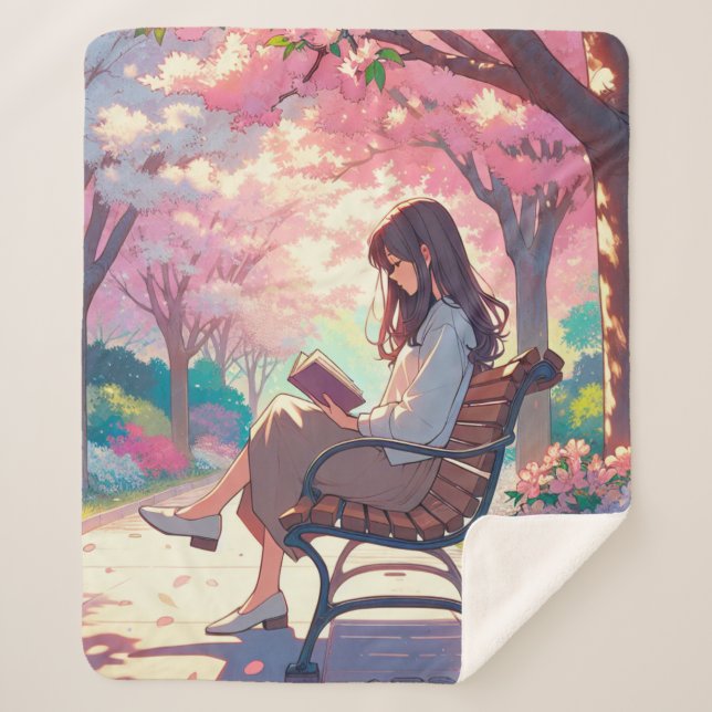 Anime Girl Reading in the Park Sherpa Blanket (Front)